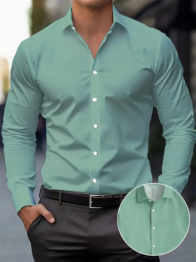 Solid Color Simple Style Men's Shirt Top Single-breasted Lapel Fashion Men's Shirt Business Office Men's Temperament Shirt