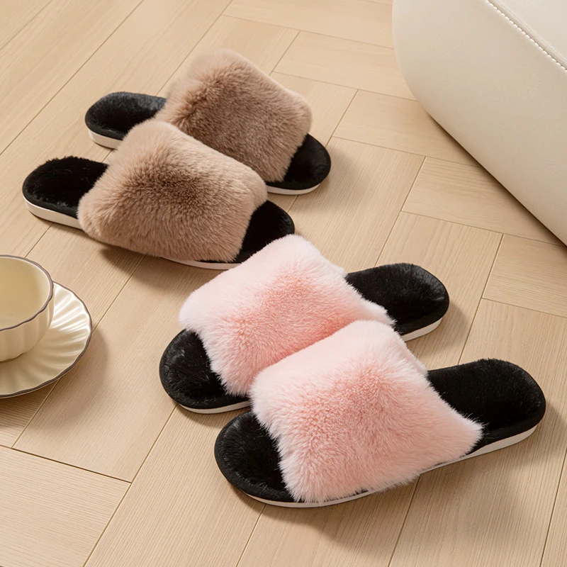 

Мягкие женские тапочки для дома, весенне-осенние, плюшевые, дизайнерские, из искусственного меха, нескользящие, с открытым носком