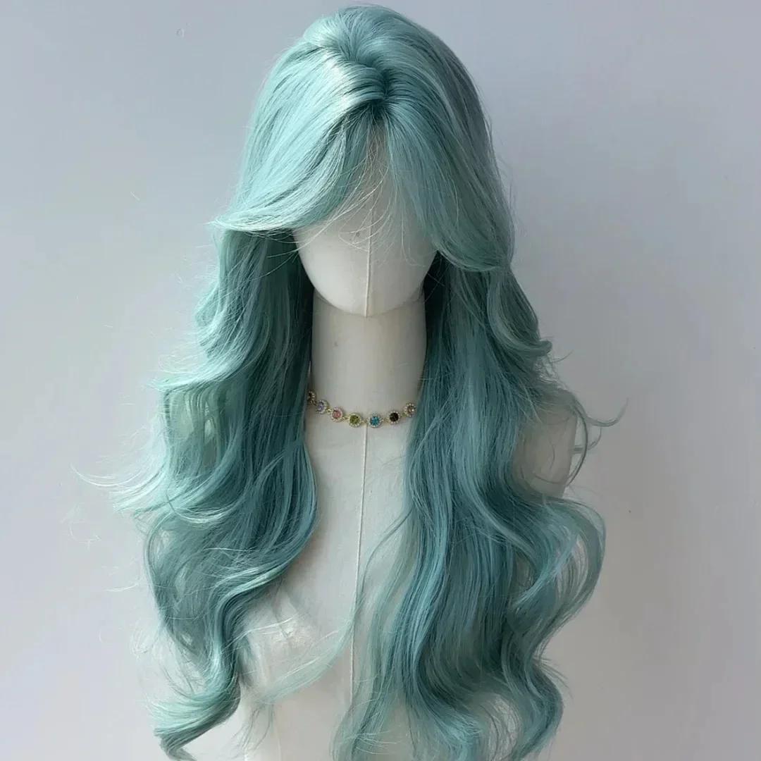 Peruca verde azul menta para mulheres, abertura octogonal, onda grande, cabelo longo encaracolado, peruca natural de simulação, peruca cosplay