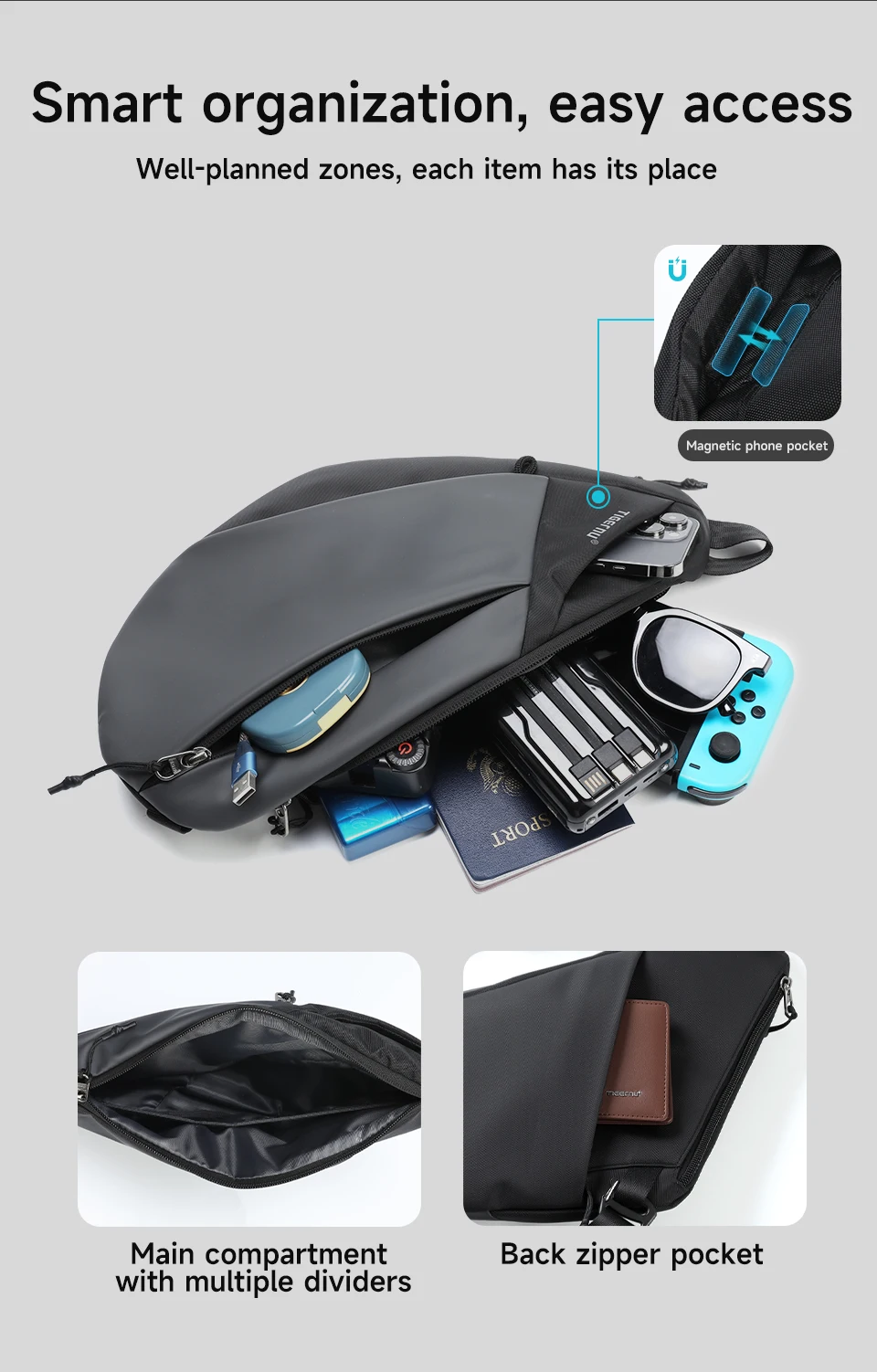 Tigernu Herren-Schultertasche, wasserabweisend, für den täglichen Gebrauch, Umhängetasche mit Magnetverschluss, unregelmäßig geformte Schultertasche. – Detail 4