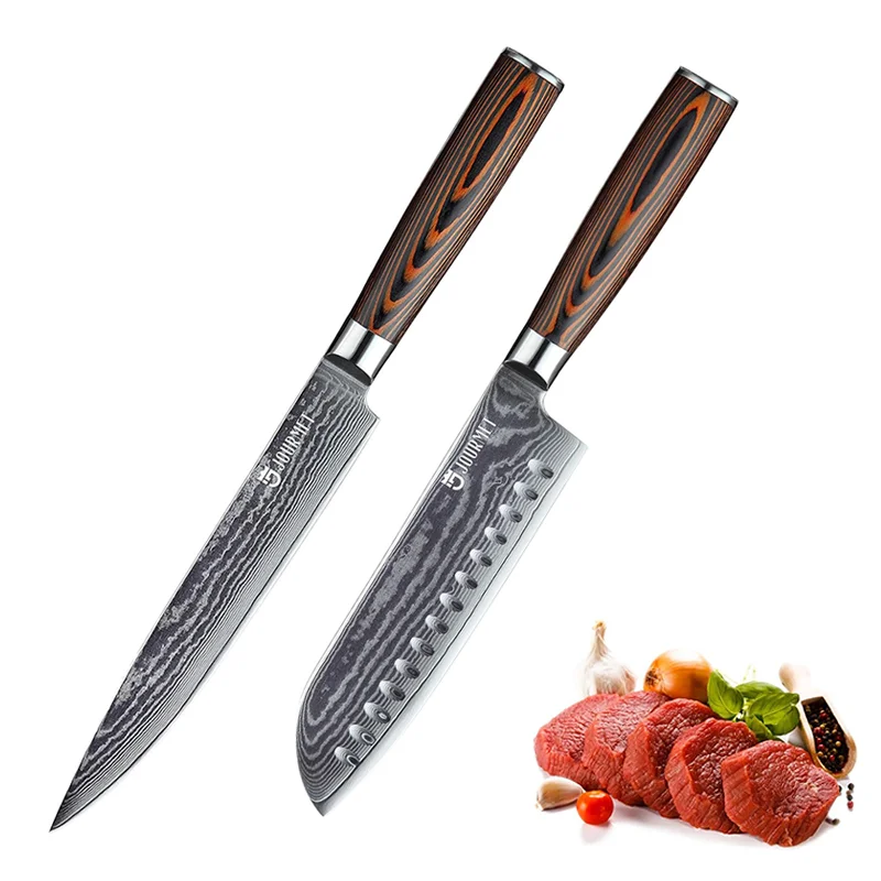Juego de cuchillos de cocina de Damasco profesional, cuchillo Santoku, rebanador, Japón VG10, acero inoxidable, 2 piezas