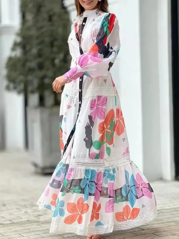 Krimile Buttoned Maxi Dress Stand Collar Floral Printed Long Sleeves Dress for Women Autumn New High Waist A-line Party Dress