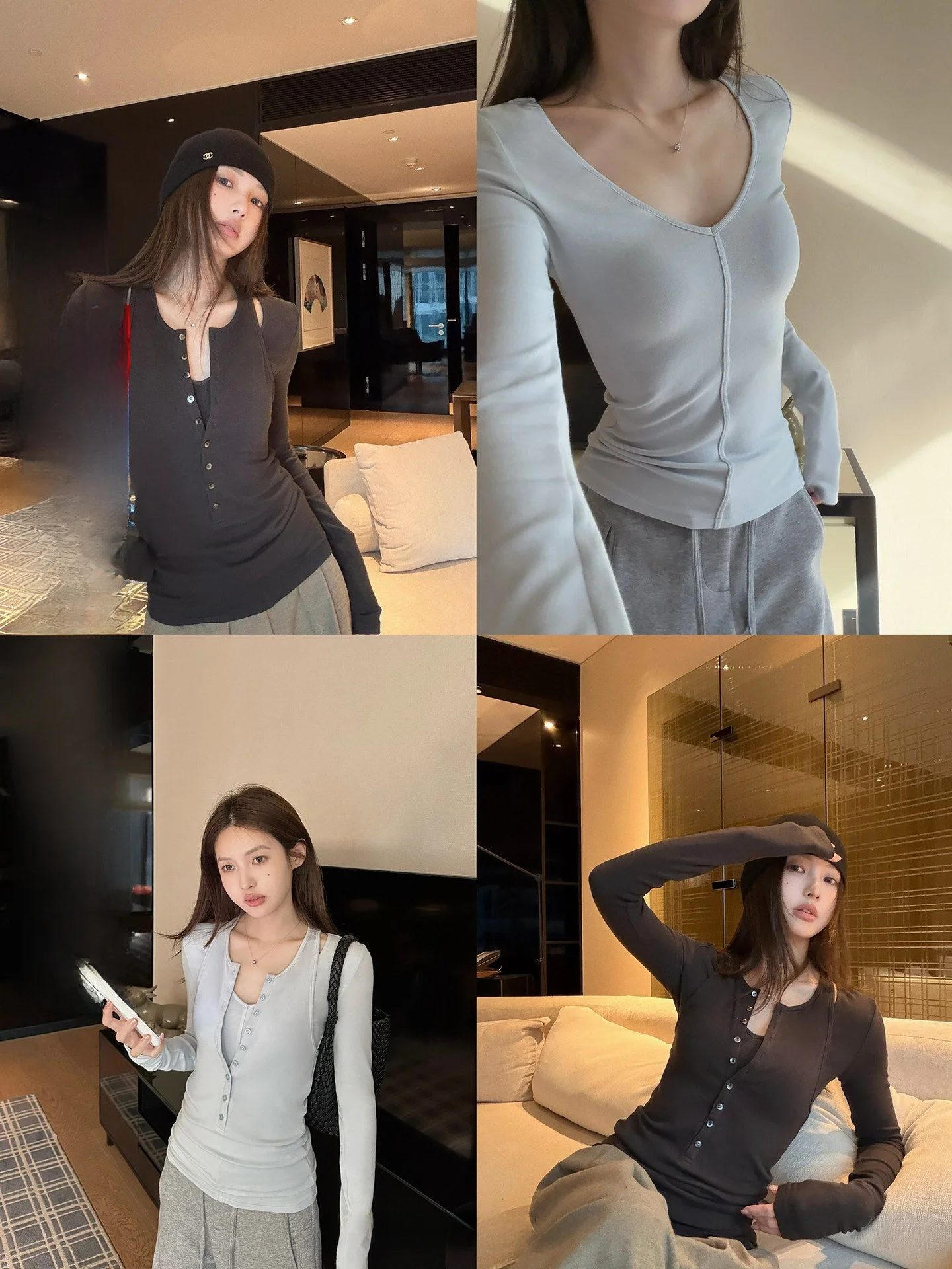 

NingSi Women's Long Sve Slim Fit V-Ne T-irt Set Casual Sle Winter New Outerwear Hanging Ne Design Sensation Vest