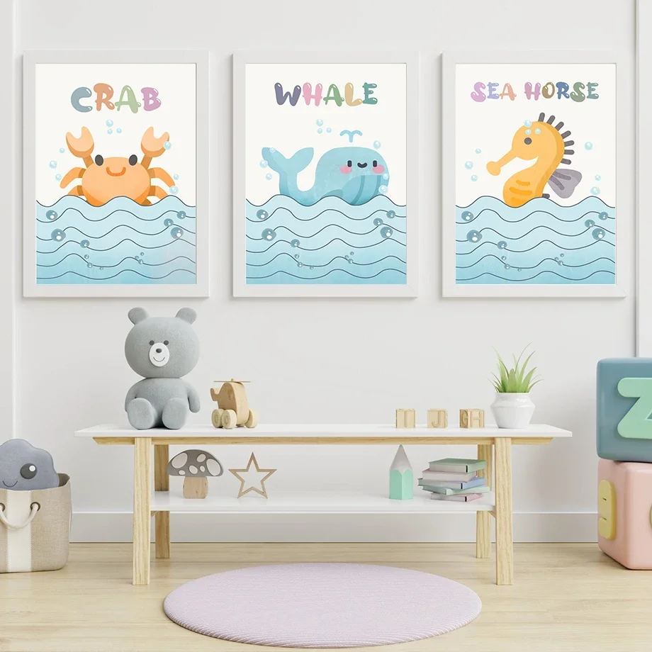 Blue Sea Whale Shark Crab Octopus Nursery Wall Art Canvas Painting Nordic Posters And Prints Wall Pictures Baby Kids Room Decor