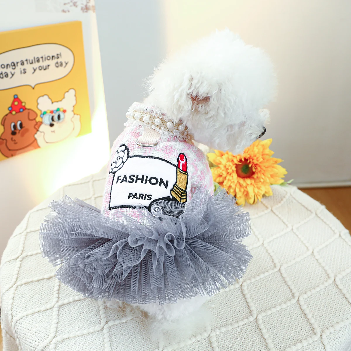 1PC Pet Clothing Dog Spring Autumn Pink Lipstick Mountain Tea Flower Princess Dress With Drawstring Buckle For Small Medium Dogs