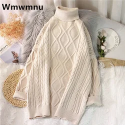 Damski sweter z golfem Twist w połowie długości jesień zima nowe koreańskie Casual gruby sweter Oversize luźny, w stylu Basic Crochet Sueter