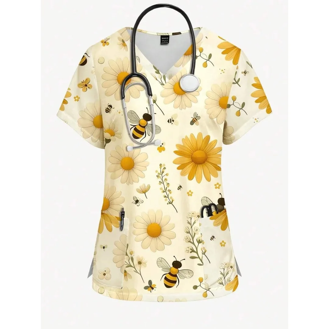 

Fashion Floral Print Surgical Uniforms Woman Microelastic V-Neck Clinical Uniform Summer Short Sleeve Top Women's Scrub Uniforms