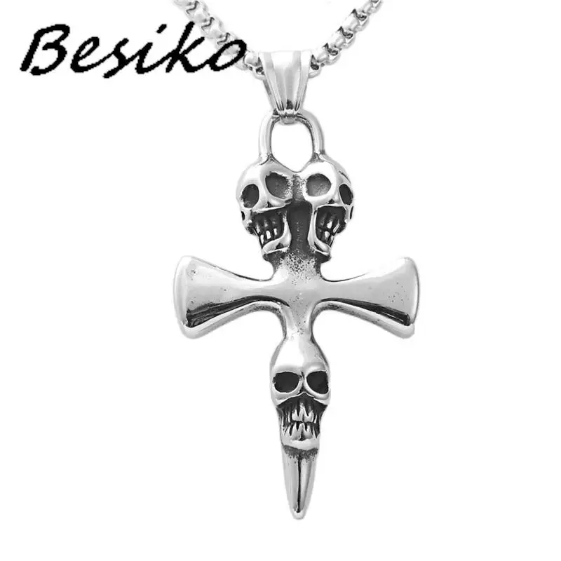 

Besiko Vintage Stainless Steel Punk Double Skull Doomsday Cross Pendant Necklace For Men's Hip-Hop Sweater Chain Jewelry