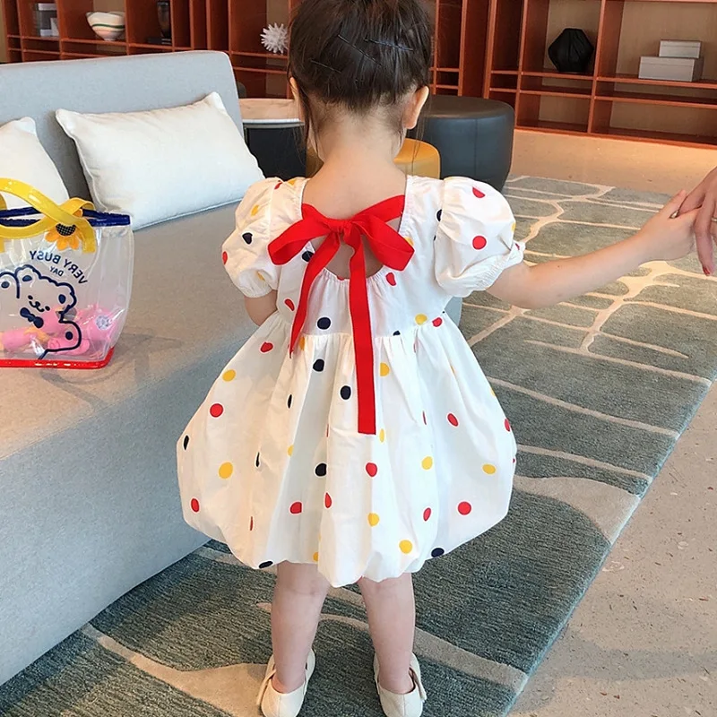 Girls' Polka Dot Tie Short Sleeve Dress Puff Sleeve Dress2025Summer New Foreign Trade Children's Wear Delivery
