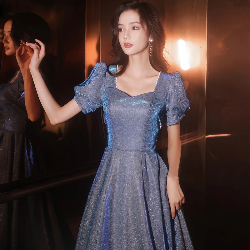 Blue Sequin Evening Dress Women Temperament Celebrity Bridesmaid Long Dresses A-line Elegant Beadding Banquet Party Gown