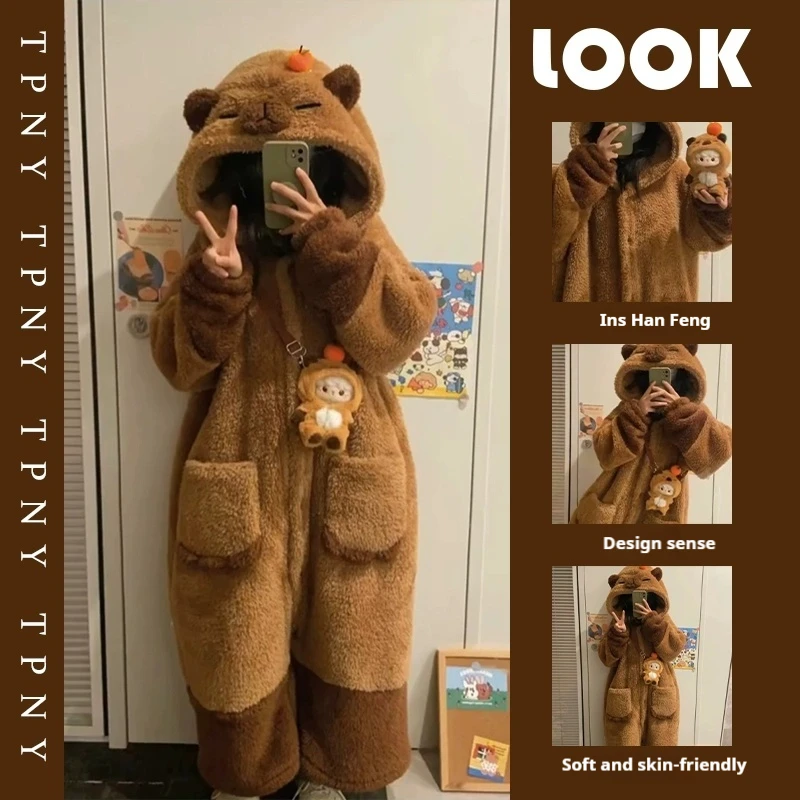 Hot Capybara Winter Pajama Cartoon Cute Animal Soft Plush Jumpsuit For Adults Kawaii Velvet Pajama Night Robe Cosplay Suit Gifts