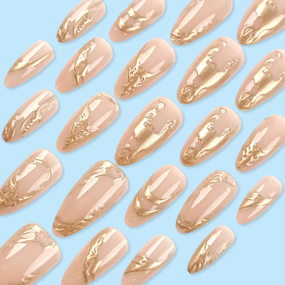 Almond Press on Fake Nails Gold Foil Glitter Artificial Nails Full Cover French Detachable False Nails 3d Gold Nails Press on