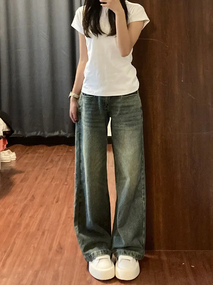 American-style Washed Retro Micro-la Wide-leg Jeans Women's Spring New High Waist Loose Slim Straight Mop Pants.