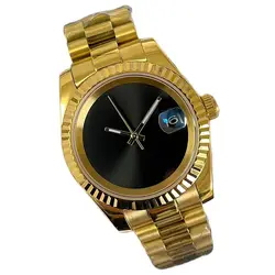 39mm PVD Gold Luxury Automatic Watch for Men Mechanical Watches Sapphire Crystal Sterile Sunburst Black Dial Waterproof 5ATM