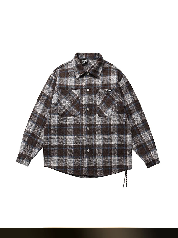 

Ретро-японская шерстяная рубашка с длинным рукавом, свободного кроя, с клетчатым воротником-стойкой, осенне-зимняя новинка, молодежная мода, полиэстер