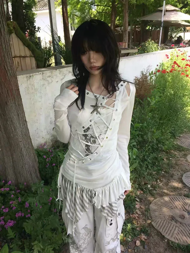 Y2K Fashion Print Punk T Shirts Sets Women Japanese Subculture Lace Up 2000S Tops Autumn Long Sleeve Patchwork Tees Female