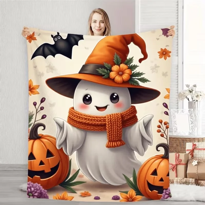 Pink Ghost Pumpkin Halloween Throw Blanket, Witch Hat Coffee Cup Wooden Background Print Soft Warm Sofa Bed Holiday Blanket