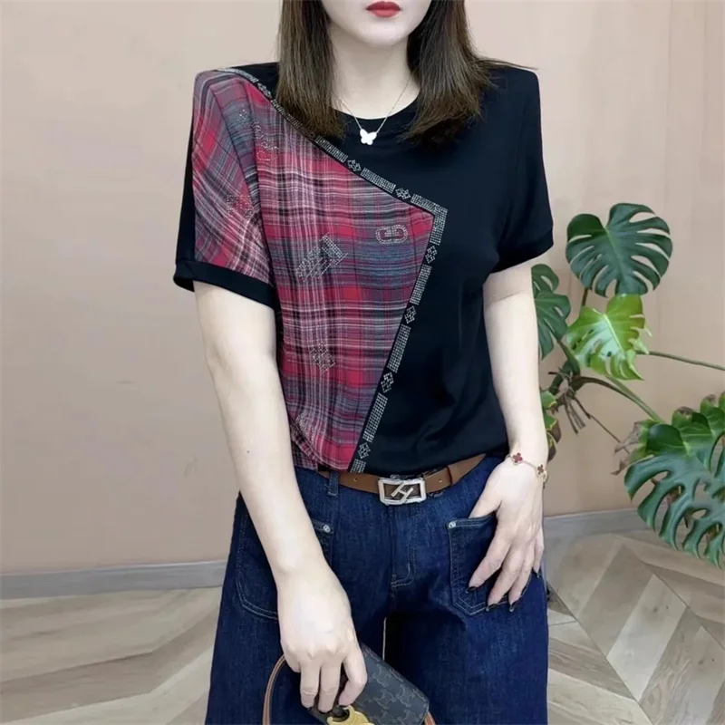 

Cotton Stitching Chiffon Short-Sleeved T-Shirt Female 2024 Summer New Fashion Slimming Age Hot Drilling Top Women