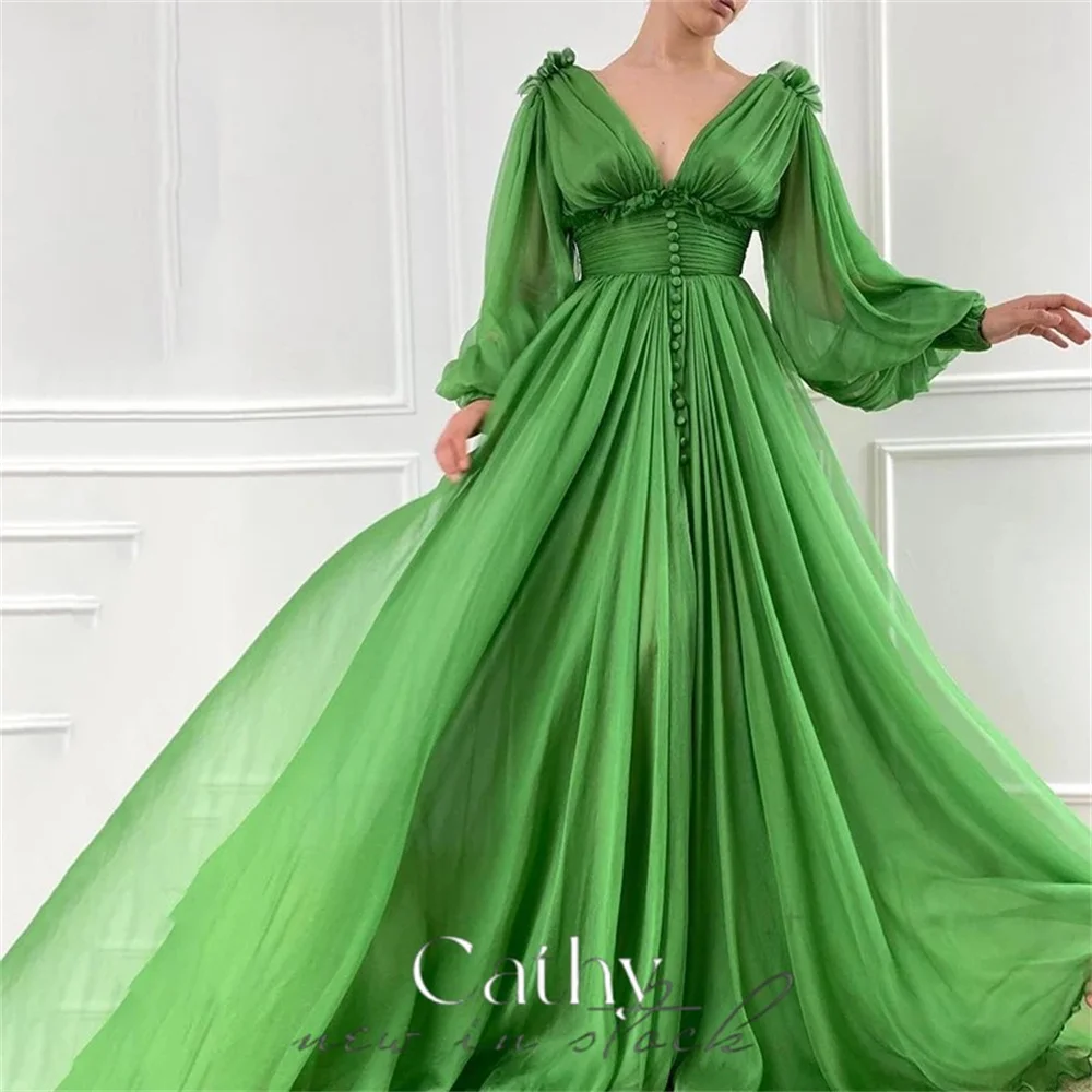 

Cathy Green V-neck Empire Waist Prom Dress Elegant Side Split Chiffon vestidos par boda Sweetheart Puffy Sleeves Wedding Dress