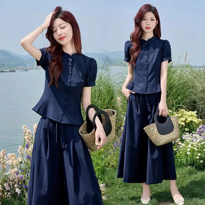 

Korean Women Fashion Shirt Wide Leg Trousers 2PCS Summer Ladies Short Sleeve Pants Set 2025 Female Top Pantalons Two-piece Suit