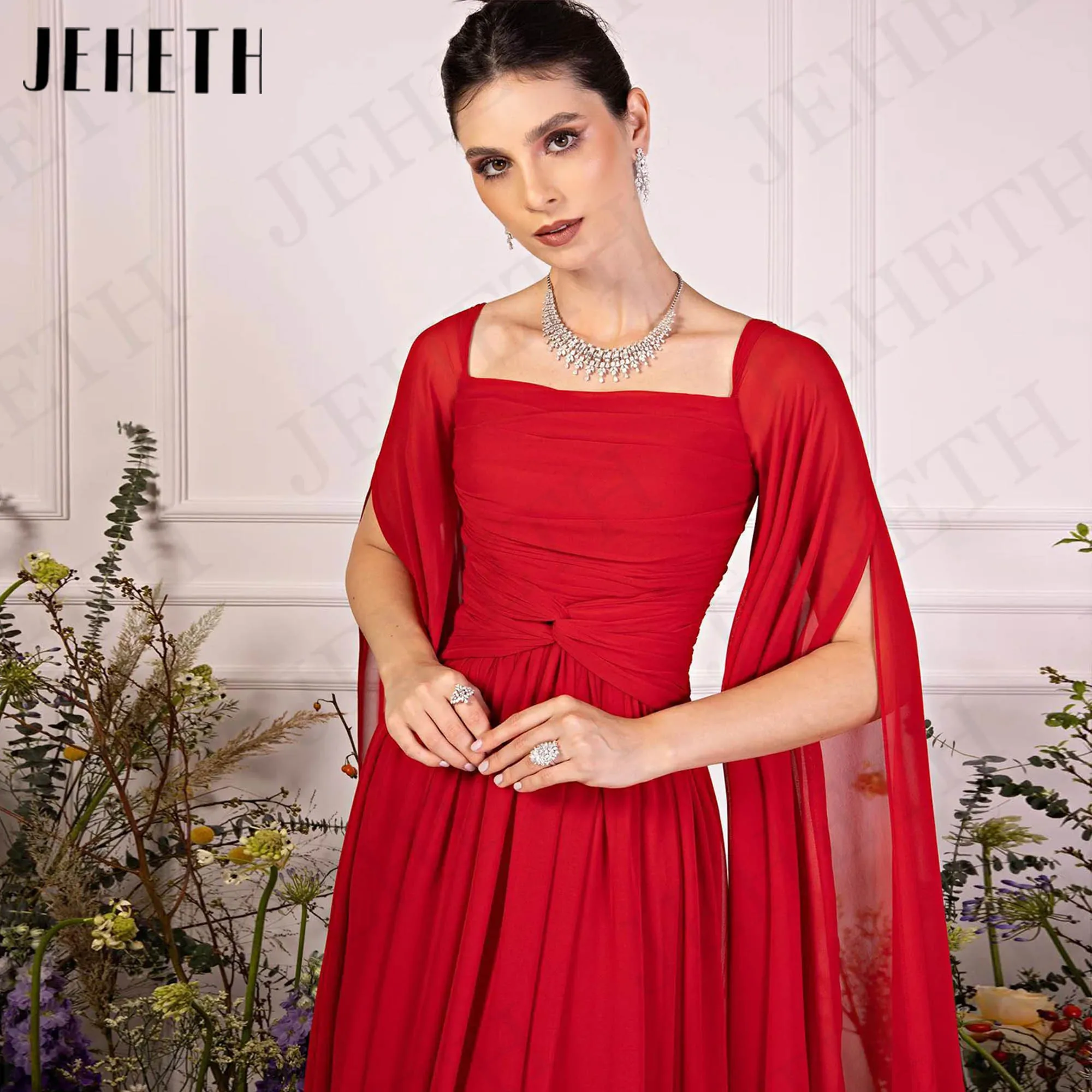 JEHETH Burgundy Dubai Chiffon Evening Dress With Cape Sleeves A Line Arabic Banquet Party Dresses vestido de formatura Boat Neck