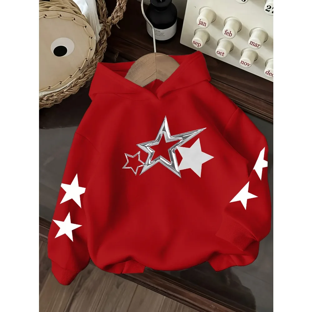 Summer Children's Round Neck Hooded Loose and Comfortable Sports Versatile Creative Pentagonal Star Shaped Long Sleeved Top