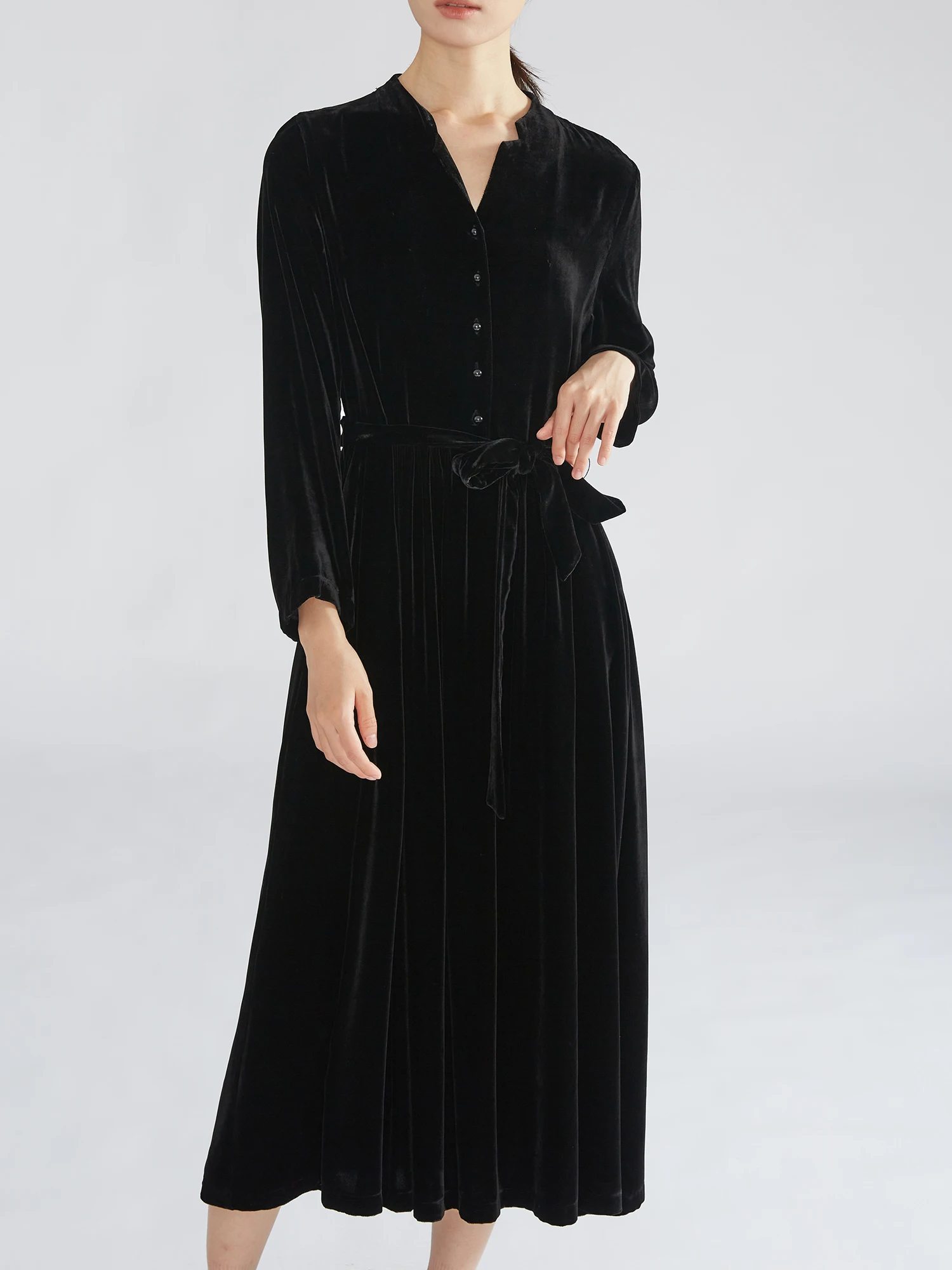 2025 moda feminina outono novo 16% natural amoreira seda veludo camisa estilo com decote em v manga longa vestido de cinto preto