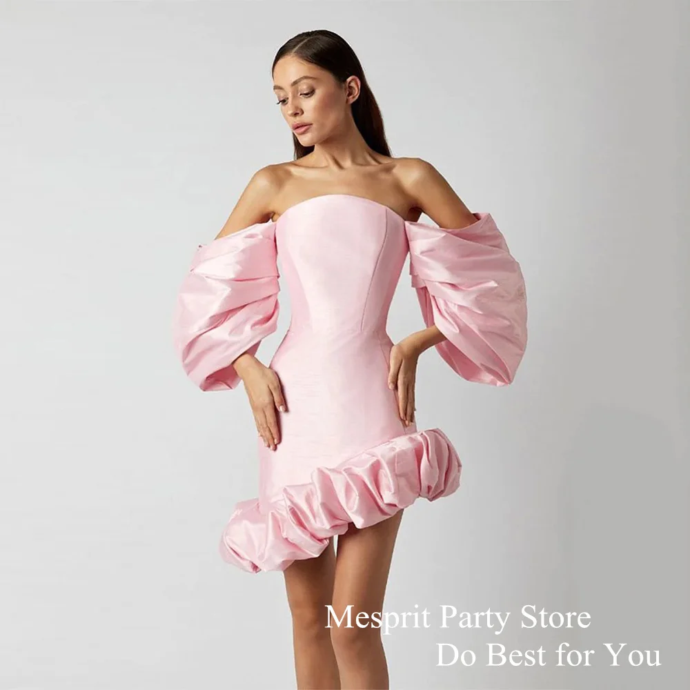 Sexy Pale Pink Cocktail Dress Customized Strapless Puff Sleeves Pleat Ruffles Evening Gown Mini Saudi Arabic Prom Dresses