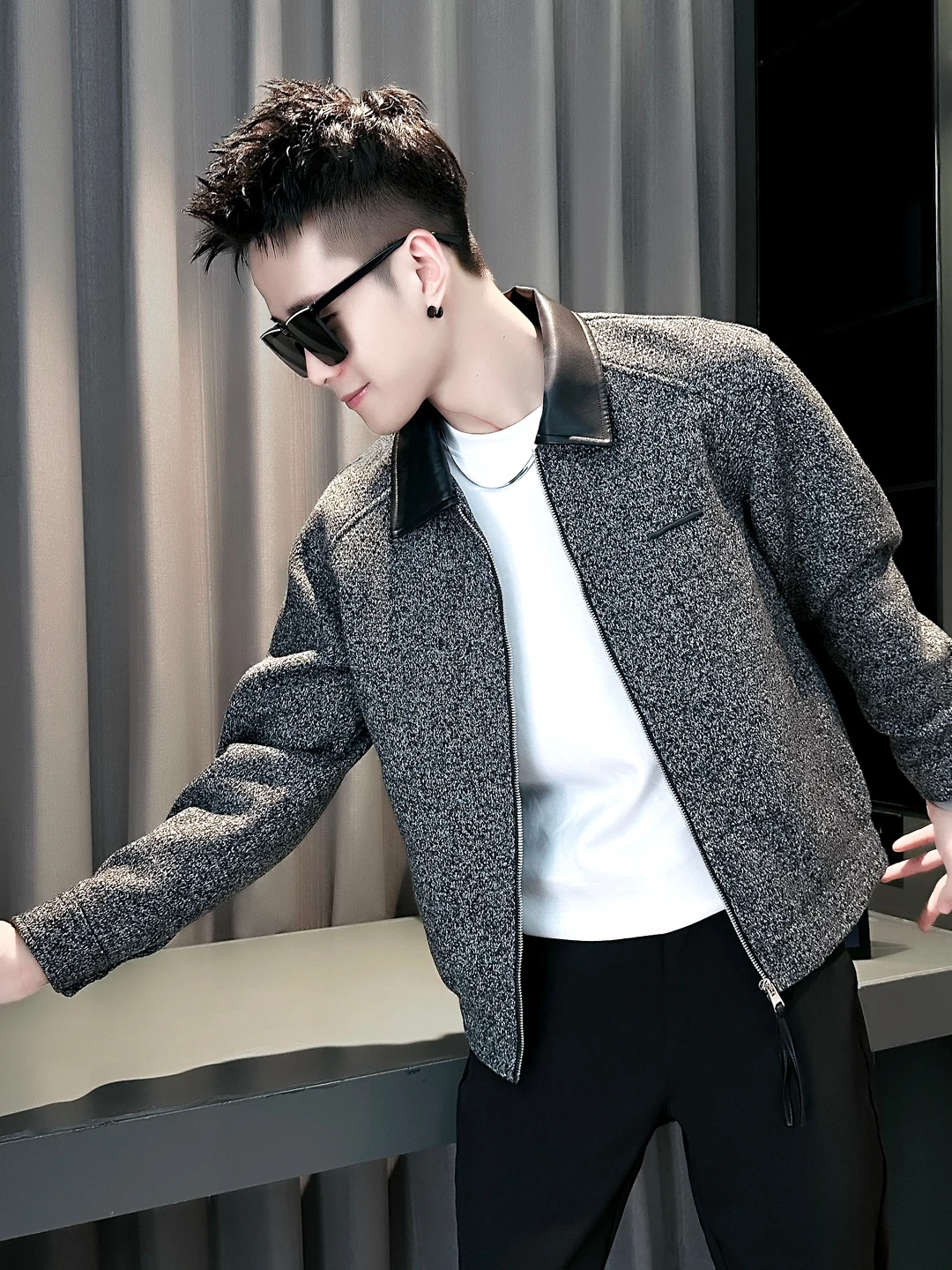 

Мужской лоскутный кожаный воротник Jaet, повседневный топ с отложным воротником, весна-осень, модная верхняя одежда, полиэстер, нейлон, потому что...