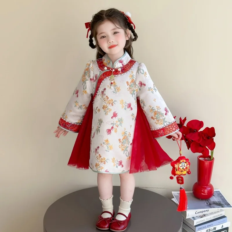 Girls Cheongsam Spring Autumn Children Clothes Kids Tangsuit Baby Chinese Traditional Beading Lace Patchwork Long Sleeve Dress