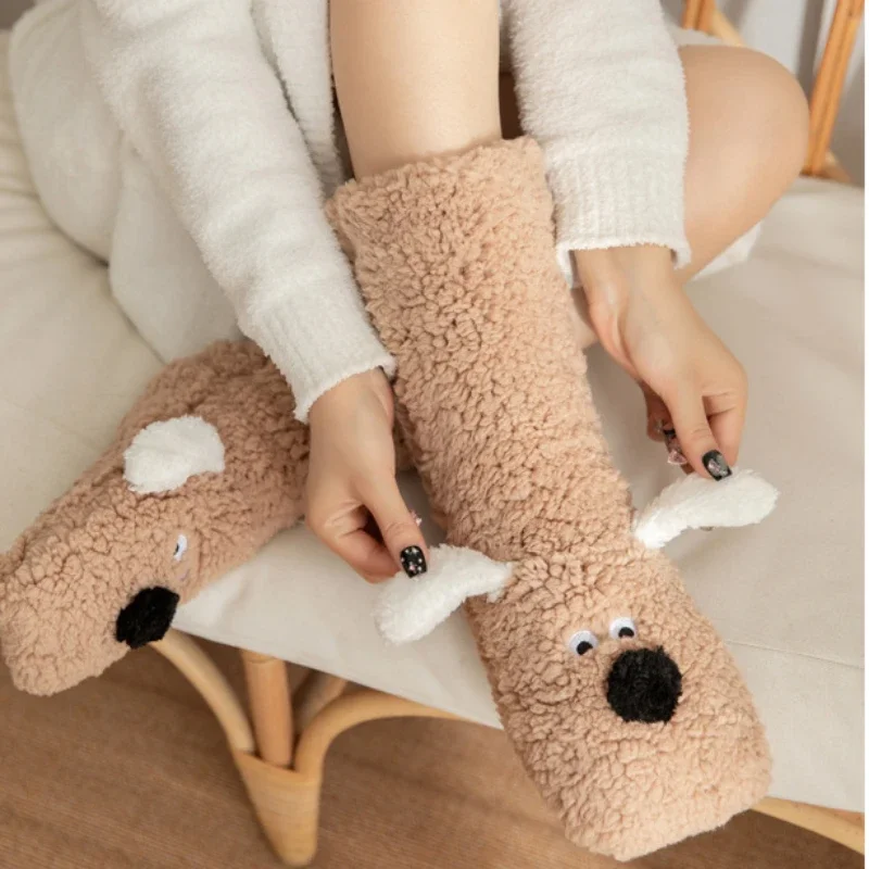 Fuzzy Fluffy Sock Women Cartoon 3D Dog Winter Warm Plush Non slip Home Sleeping Soft Female Floor Thermal Funny Slipper Sock