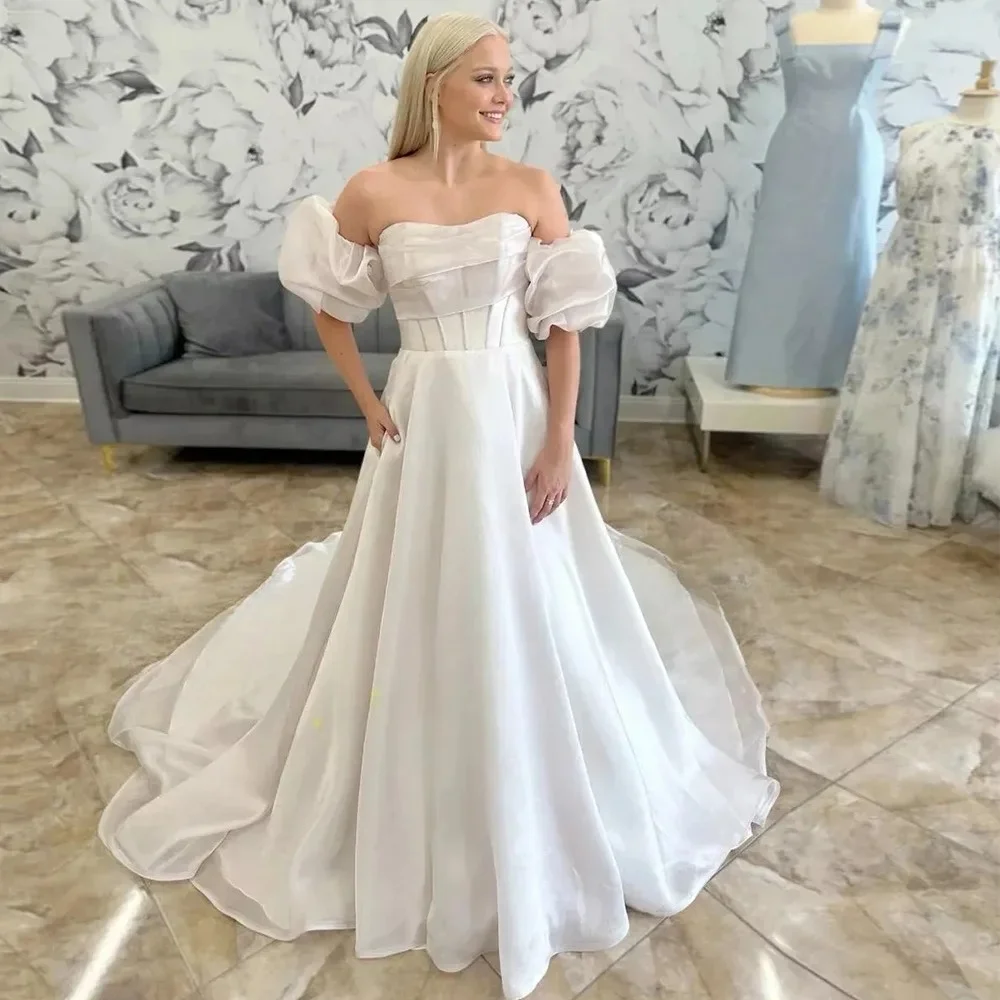 Customized Elegant Ivory A-line Wedding Dress Off The Shoulder Puffy Sleeves with Pleated Detail and Back Buttons Bridal Gown