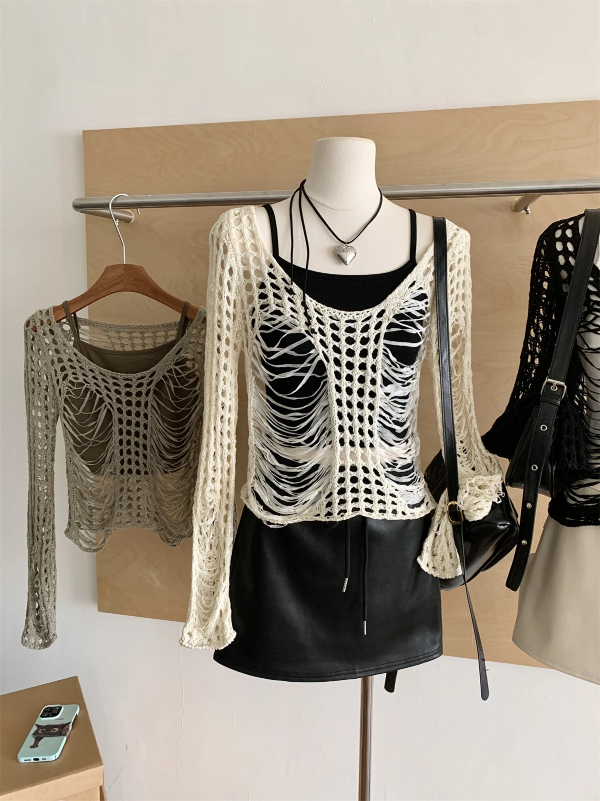 Woman Baddie Style Sweater Tops Dark Academia Goblin Core Long Sleeve Two Piece Sets Hollow Out Pullovers Knitwears Y2k Grunge