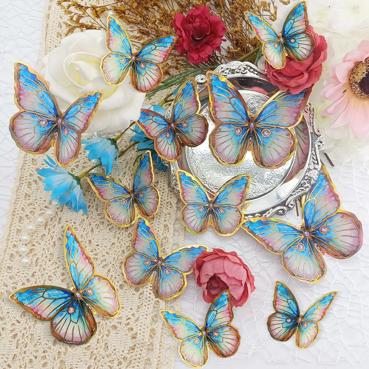 12pcs/set Gold Edge Hot Stamping 3d Butterfly Wall Stickers Wedding Holiday Birthday Decoration Background Wall Stickers