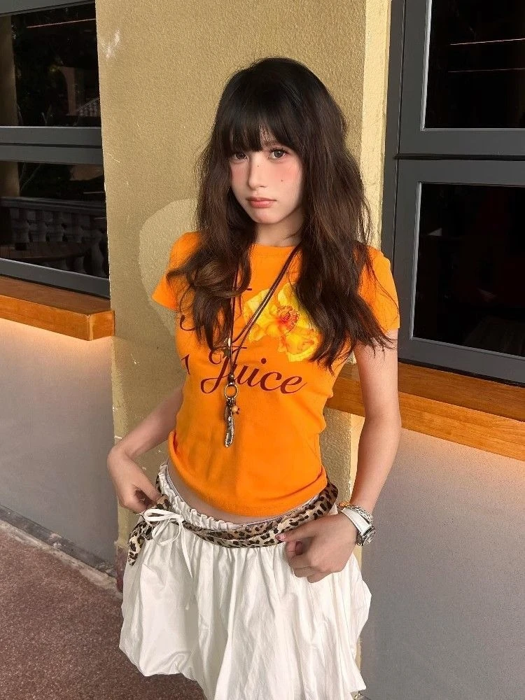 Orange Flower Letter Printing T-shirts Streetwear Vintage Bodycon Fairy Tshirts Summer Women Y2k Aesthetic Grunge Tops