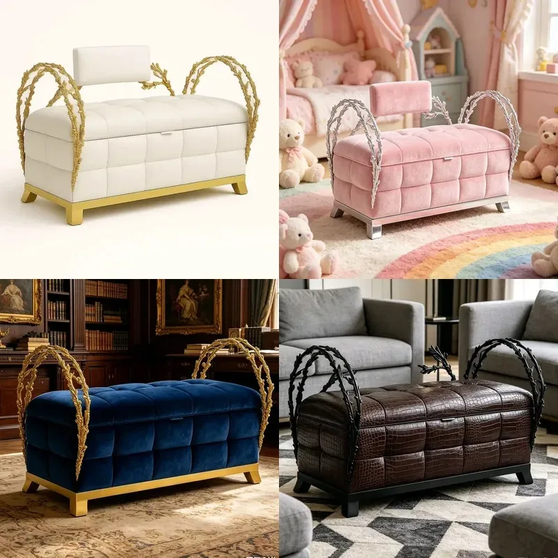 European Style Leather Sofa with Storage Expandable Modular Design Brass Armrests for Living Room