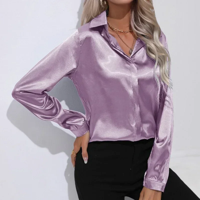 Long Sleeve Satin Shirt Fashoin Women Clothing Solid Silk Casual Blouses Women Turn-down Collar Lady Tops Blusas Elegant 29730