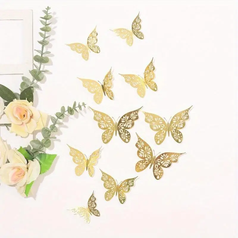 12Pcs 3D Wall Stickers Hollow Rose Gold Golden Silver Butterfly DIY Art Home Decor Party Wedding Decals