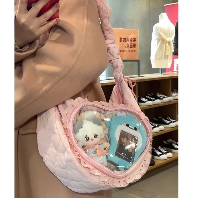 Tas saku transparan gaya Jepang Dumpling renda lipit Harajuku Y2k tas nyeri Gadis kapasitas besar belanja ritsleting tas boneka