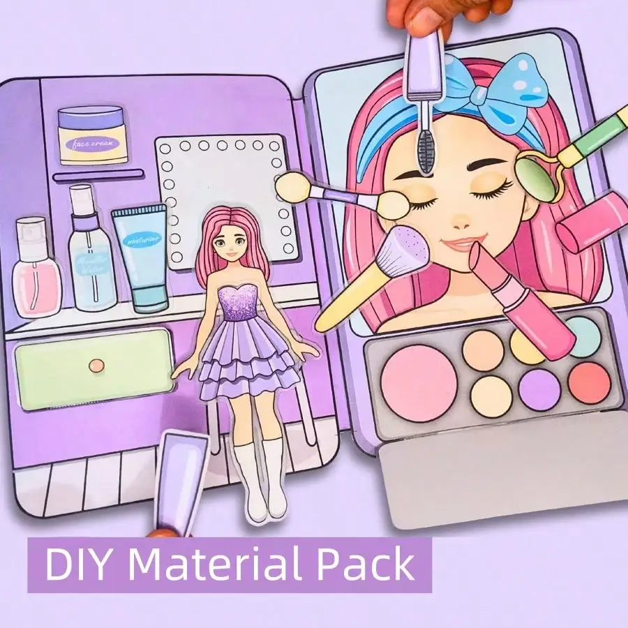Purple Makeup Kids Quiet Book Paper Doll Cosmetic Bag DIY Craft Kit, Unfinished Material Set for Cutting and Handmade Creation