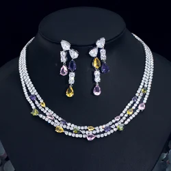 CWWZircons Shiny Turtle Cubic Zirconia Pave Colorful Multilayer Costume Necklace Women Wedding Bridal Party Jewelry Sets T680