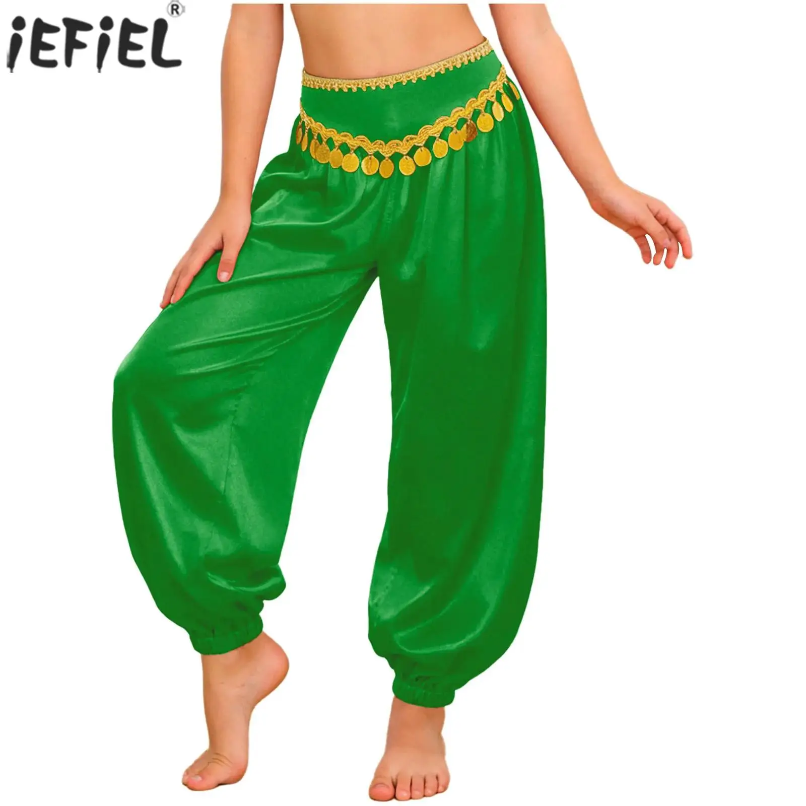 Kids Girls Belly Dance Harem Pants Oriental Indian Arabian Princess Costume Braid Trim Sequin Tassels Loose Bloomers Trousers