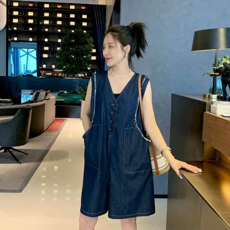 Oversized Jumpsuits Women Summer Denim Playsuits Loose Casual One Piece Outfit Women Clothing Wide Leg Shorts Five-point Pants