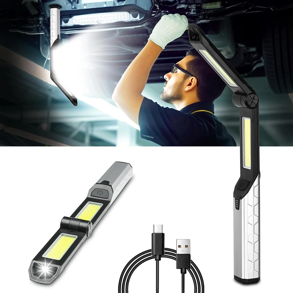 Przenośna lampa robocza, ładowalna latarka LED z 2 magnetycznymi podstawami, 4 tryby świecenia, lampa mechaniczna z haczykiem do sytuacji awaryjnych.