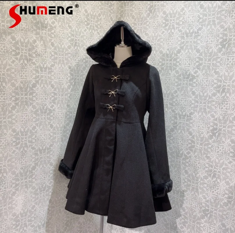 Japanese Lolita Sweet Fluffy Dress Hooded Warm Outerwear Jacket 4 Colors Single-Breasted Slim Fit Long-sleeves Jaquetas Female