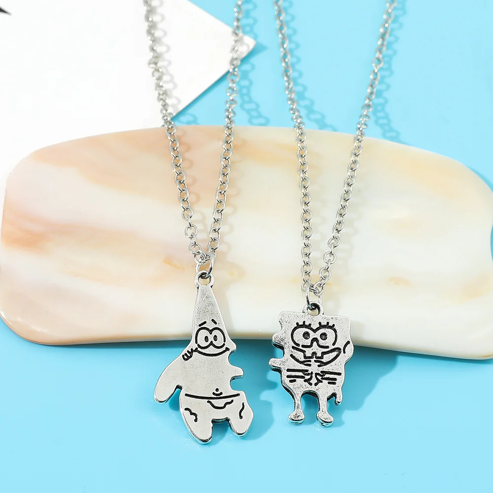 2Pcs Anime SpongeBob SquarePants Patrick Star Metal Pendant Necklace For Boy Girl Couple Accessories Ins Cartoon Friendship Gift