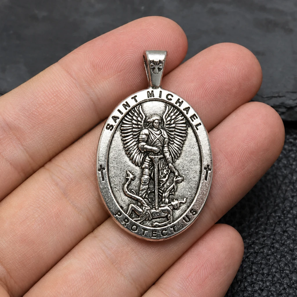 4pcs Saint Michael Archangel Oval Medal Pendant Vintage Protection Cross Charm DIY Necklace Bracelet Jewelry Making Supplies