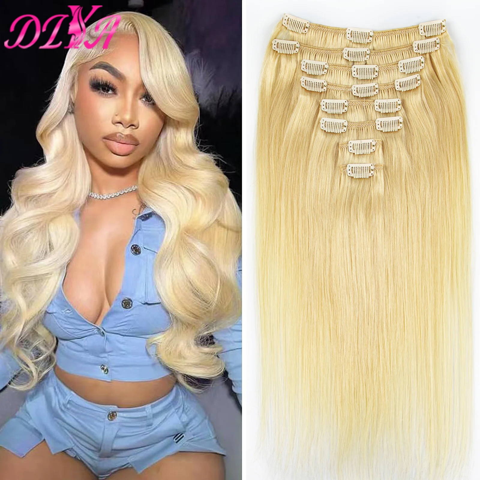 613# Blonde Color Remy Human Hair 120g-240g Straight Clip in Hair Extensions 18-26 Inches Full Head Clip in Hair for Salon