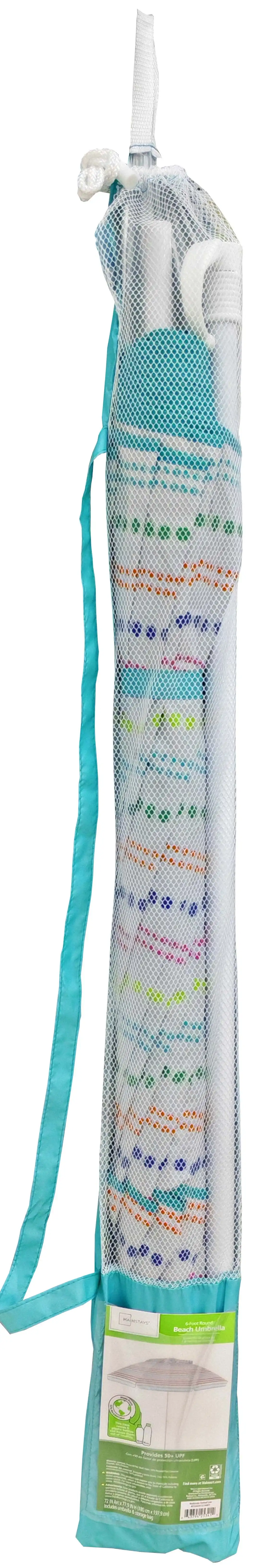 مظلة شاطئ مخططة منقطة بطول 6 أقدام بعامل حماية من الأشعة فوق البنفسجية 50+ محمولة مقاومة للرياح مع حقيبة حمل ومرساة لقضاء عائلة على شاطئ البحر