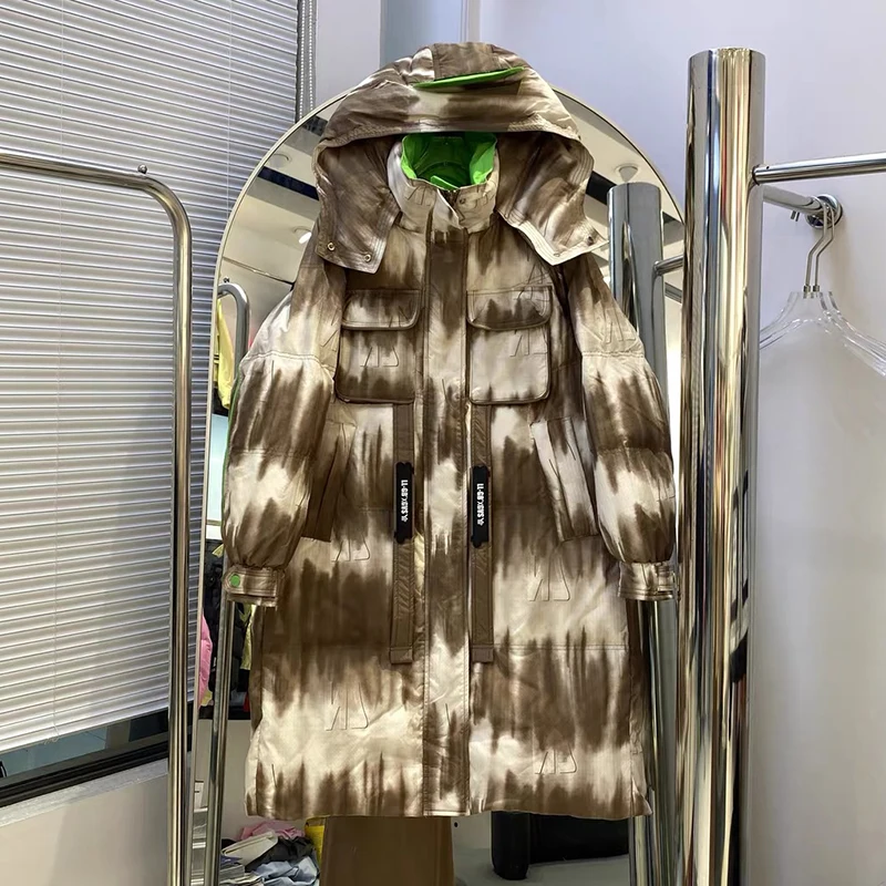 الشتاء طويل التدرج التعادل صبغ مقنعين أسفل سترة باركر الإناث الأبيض بطة أسفل الركبة طول السترات النساء سميكة مبطن أبلى #5